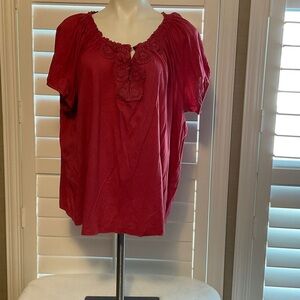 Chaps Red Blouse with Floral Accents